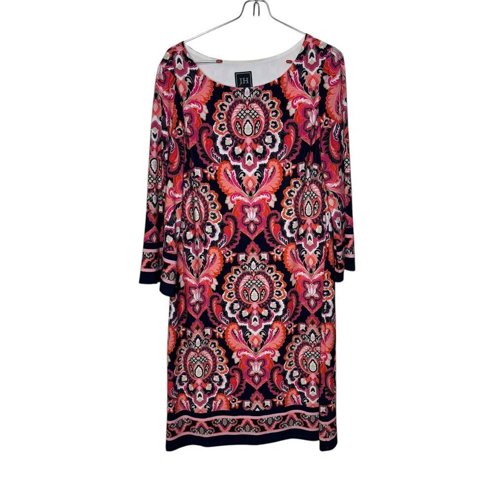 JH Womens Dress Shift Midi Long Sleeve Paisley Lined Stretch Crew Neck Medium